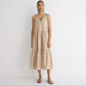 J Crew Womens Gold Metallic Cross Back Halter Beach Dress Size M Tiered Midi